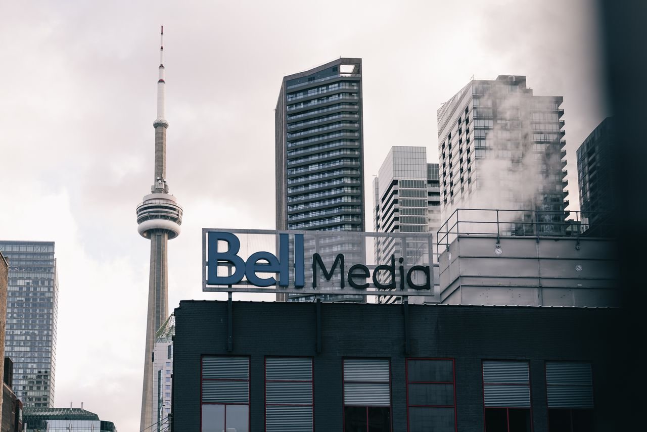 View of Toronto skyline featuring the CN Tower and Bell Media sign.